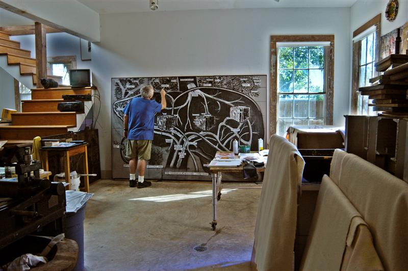 February 28, 2005. Eric Avery drawing the big sick liver on 6 foot by 9 foot linoleum block for his print installatin LIVER DIE, opening March 31, 2005, at the Corcoran Gallery of Art.